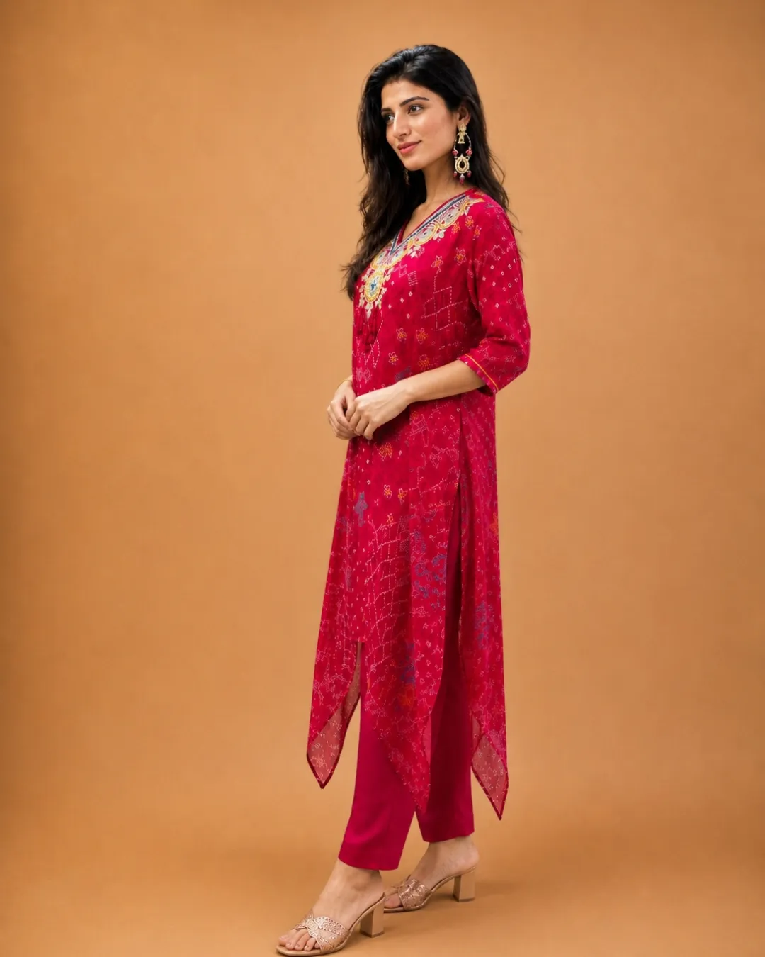 Embroidered Bandhani Kaftan Set