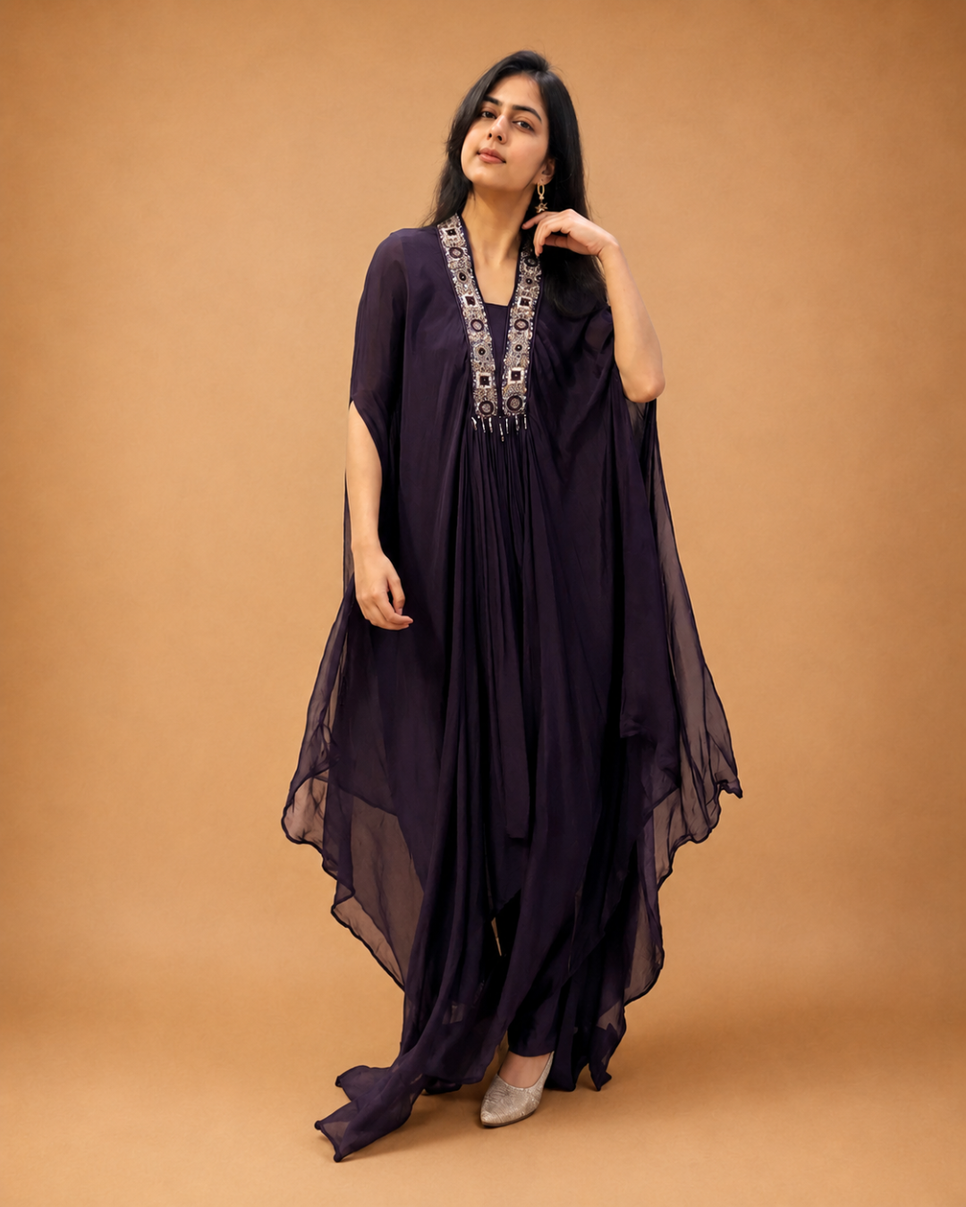 Royal Plum Embroidered Kaftan Set - Image 2